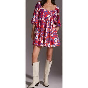 Anthropologie Hutch Floral Print Mini Dress Red White Blue Size XS